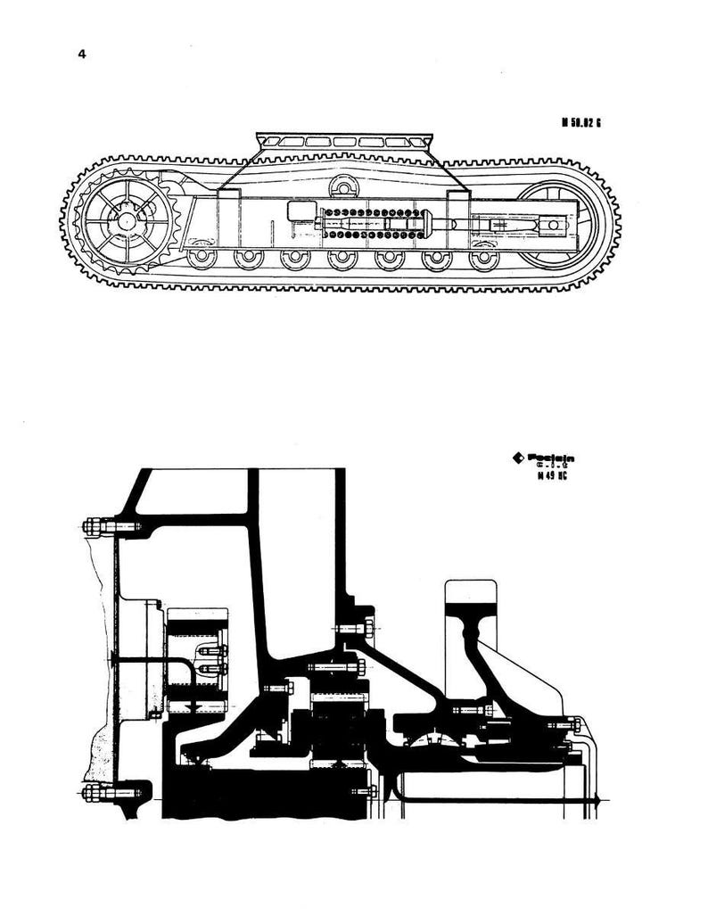 May include: Technical illustration of a tank, showing a side view and internal components. The top image depicts the tank's exterior, while the bottom image shows a detailed cross-section of its engine or internal mechanisms. The images are in black and white.