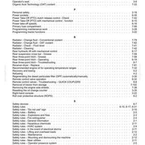 K&ouml;nnte beinhalten: Eine schwarz-wei&szlig;e Indexseite aus einem technischen Handbuch mit Themen, die mit O, P, R und S beginnen, darunter &Ouml;lpeilstab, Zapfwelle, K&uuml;hlerwartung und Sicherheitsregeln, mit den entsprechenden Seitenzahlen auf der rechten Seite.