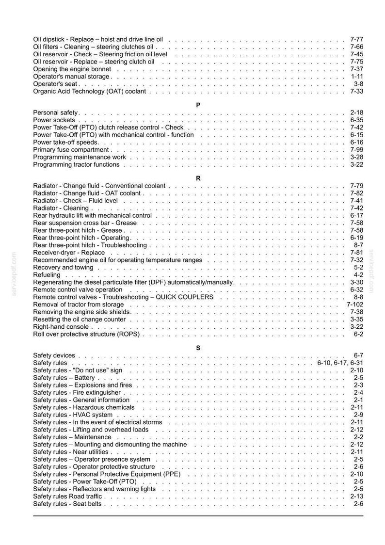 K&ouml;nnte beinhalten: Eine schwarz-wei&szlig;e Indexseite aus einem technischen Handbuch mit Themen, die mit O, P, R und S beginnen, darunter &Ouml;lpeilstab, Zapfwelle, K&uuml;hlerwartung und Sicherheitsregeln, mit den entsprechenden Seitenzahlen auf der rechten Seite.