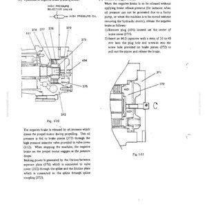May include: A technical diagram illustrating the operation and release of a negative parking brake. The image features two cross-sectional views, labeled Fig. 1-10 and Fig. 1-11, showing components like the brake piston, valve cover, and high pressure selective valve.