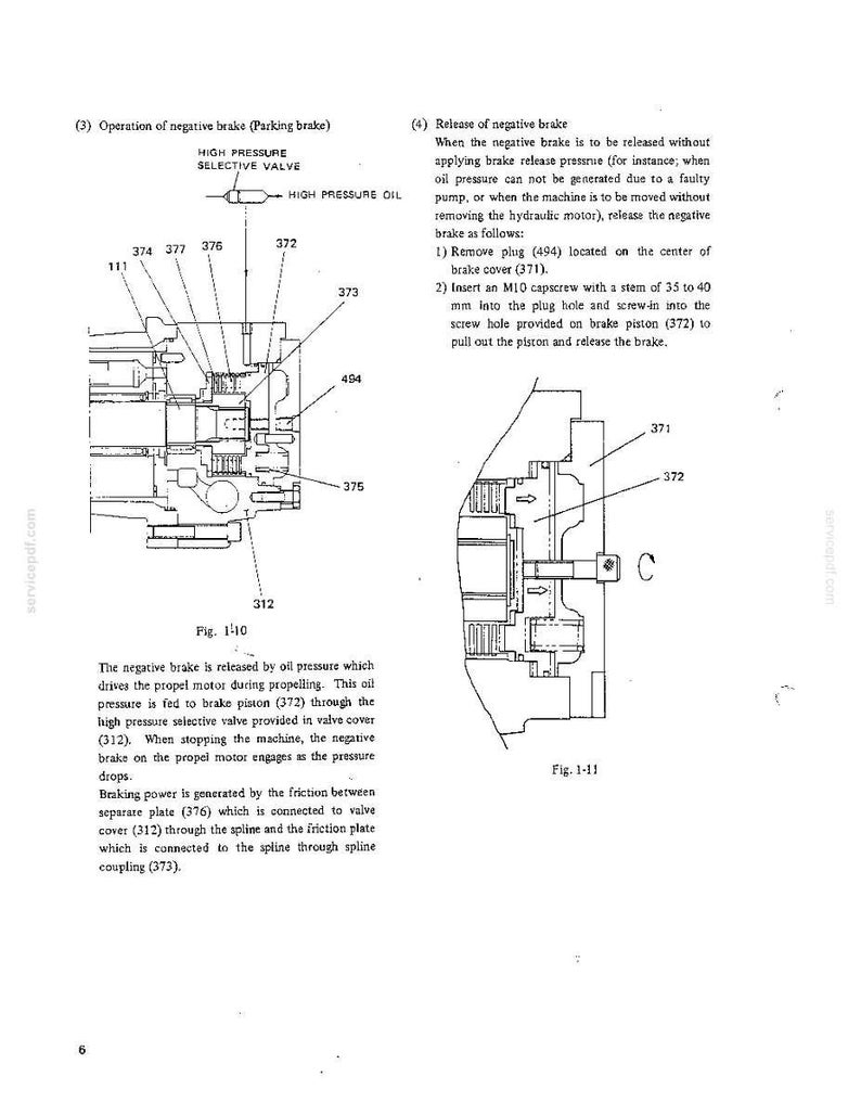 May include: A technical diagram illustrating the operation and release of a negative parking brake. The image features two cross-sectional views, labeled Fig. 1-10 and Fig. 1-11, showing components like the brake piston, valve cover, and high pressure selective valve.