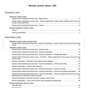 Puede incluir: Una p&aacute;gina de documento titulada "Contenido" que detalla "Sistemas hidr&aacute;ulicos - 35" y "V&aacute;lvulas de control remoto - 204". El texto enumera datos t&eacute;cnicos y funcionales, incluidas descripciones de v&aacute;lvulas de control remoto e informaci&oacute;n sobre v&aacute;lvulas de control electrohidr&aacute;ulicas.