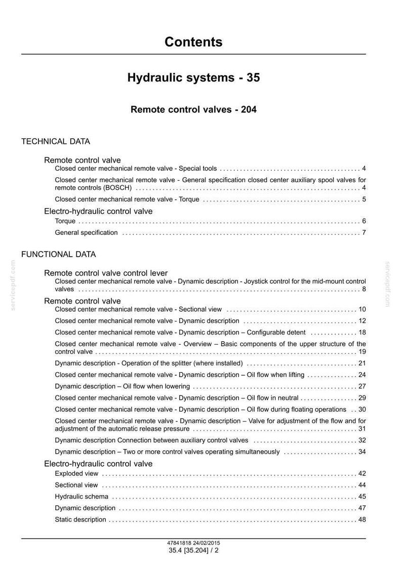 Puede incluir: Una p&aacute;gina de documento titulada "Contenido" que detalla "Sistemas hidr&aacute;ulicos - 35" y "V&aacute;lvulas de control remoto - 204". El texto enumera datos t&eacute;cnicos y funcionales, incluidas descripciones de v&aacute;lvulas de control remoto e informaci&oacute;n sobre v&aacute;lvulas de control electrohidr&aacute;ulicas.