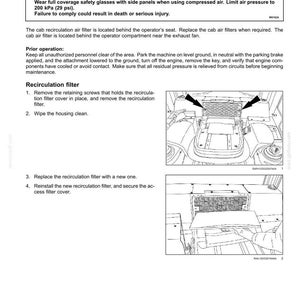 May include: Diagram illustrating the replacement of a cab air filter, with text including a warning about eye injury and safety precautions. The image shows steps for removing and replacing the recirculation filter, with detailed instructions and diagrams.