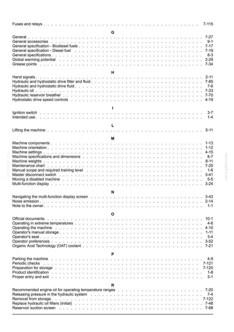 May include: A detailed table of contents from a manual, featuring various sections like "Fuses and relays," "General," and "Hand signals." The text is black on a white background, with page numbers listed on the right.