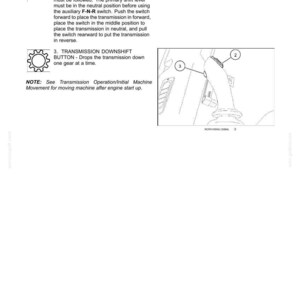 May include: Diagram of controls and instruments, including an F-N-R switch and a transmission downshift button. The text explains the function of each control. The image is a technical illustration.