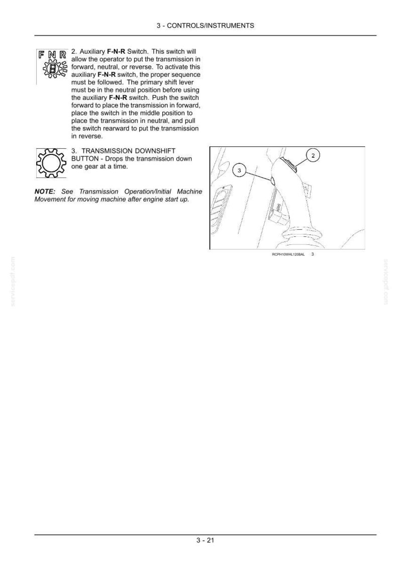 May include: Diagram of controls and instruments, including an F-N-R switch and a transmission downshift button. The text explains the function of each control. The image is a technical illustration.