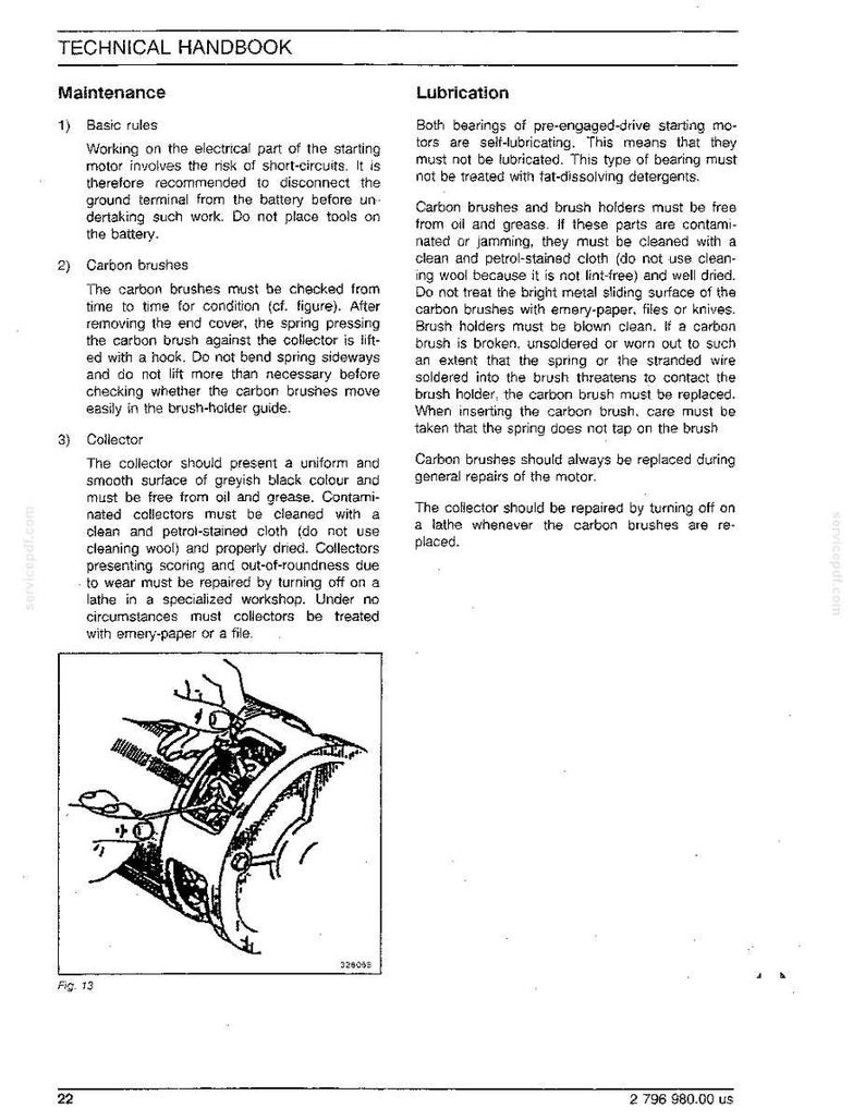 May include: A page from a technical handbook with text and diagrams. The text details maintenance and lubrication instructions for a starting motor, including carbon brushes and collectors. A diagram illustrates a component.