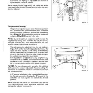 Puede incluir: Una p&aacute;gina de manual t&eacute;cnico titulada Adjust the cab suspension, con dibujos lineales en blanco y negro de una unidad de suspensi&oacute;n de tractor. El texto proporciona instrucciones para ajustar la precarga para un operador de 68 kg.