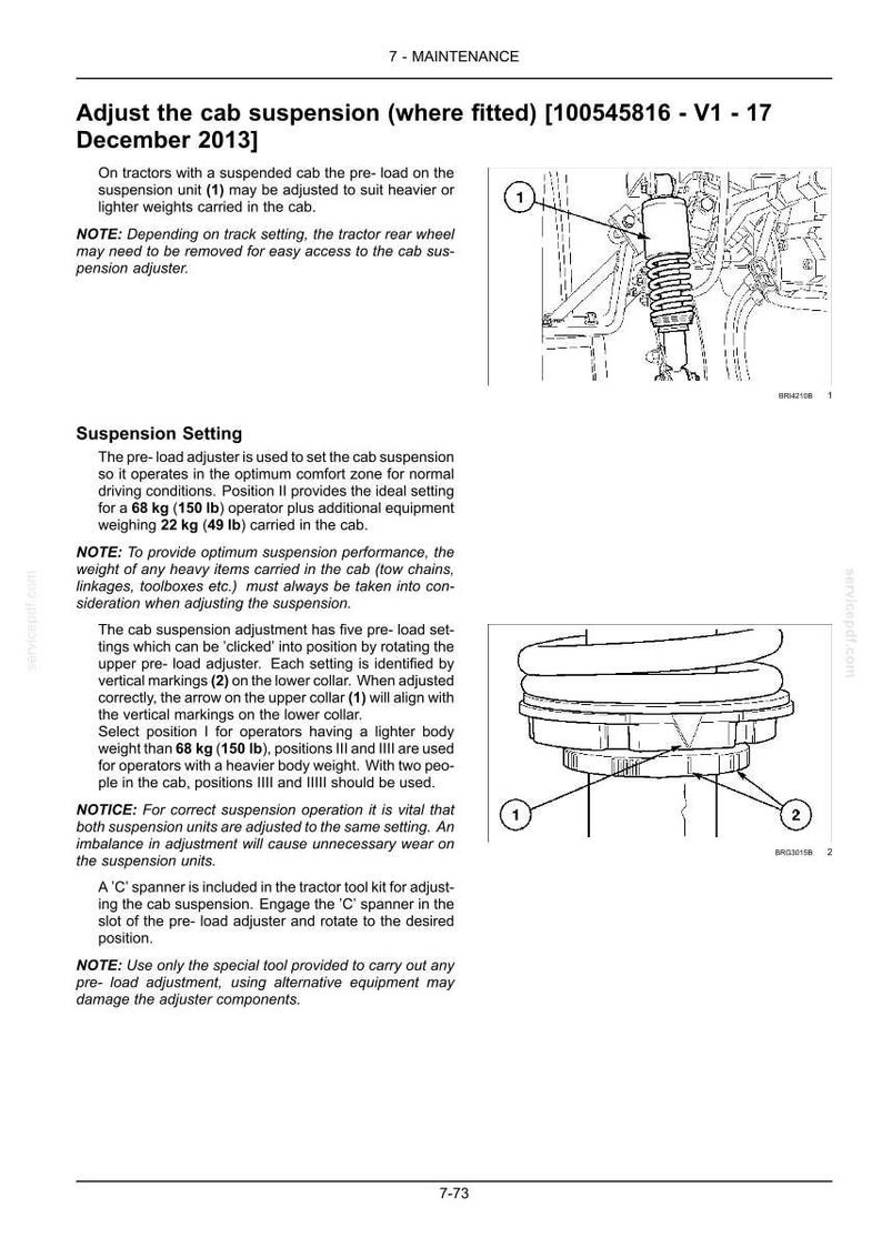 Puede incluir: Una p&aacute;gina de manual t&eacute;cnico titulada Adjust the cab suspension, con dibujos lineales en blanco y negro de una unidad de suspensi&oacute;n de tractor. El texto proporciona instrucciones para ajustar la precarga para un operador de 68 kg.