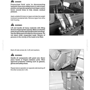 May include: Diagram of a dozing equipment hydraulic system, with close-up views of hydraulic hoses, screws, and brackets. The image includes safety warnings and instructions for disconnecting hydraulic lines and handling heavy materials. Text includes "DANGER" and "WARNING".