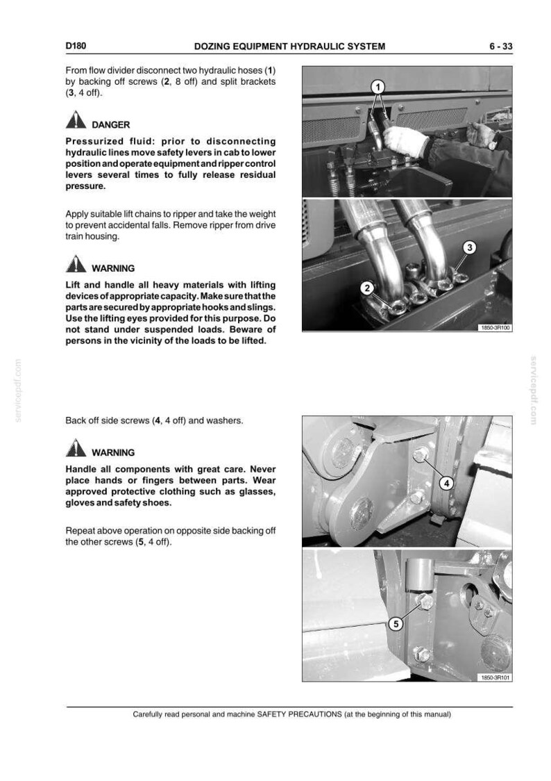 May include: Diagram of a dozing equipment hydraulic system, with close-up views of hydraulic hoses, screws, and brackets. The image includes safety warnings and instructions for disconnecting hydraulic lines and handling heavy materials. Text includes "DANGER" and "WARNING".