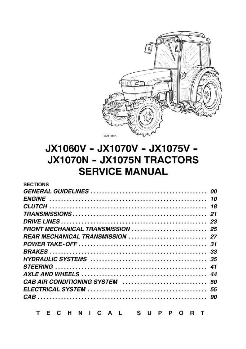 May include: Black and white line drawing of a tractor with the text "JX1060V - JX1070V - JX1075V - JX1070N - JX1075N TRACTORS SERVICE MANUAL". The manual's table of contents includes sections on the engine, brakes, and electrical system.