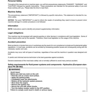 May include: A white document with black text detailing safety rules and precautions. The document includes sections on personal and machine safety, legal obligations, and accident prevention. A warning section highlights safety measures for fluid power systems.