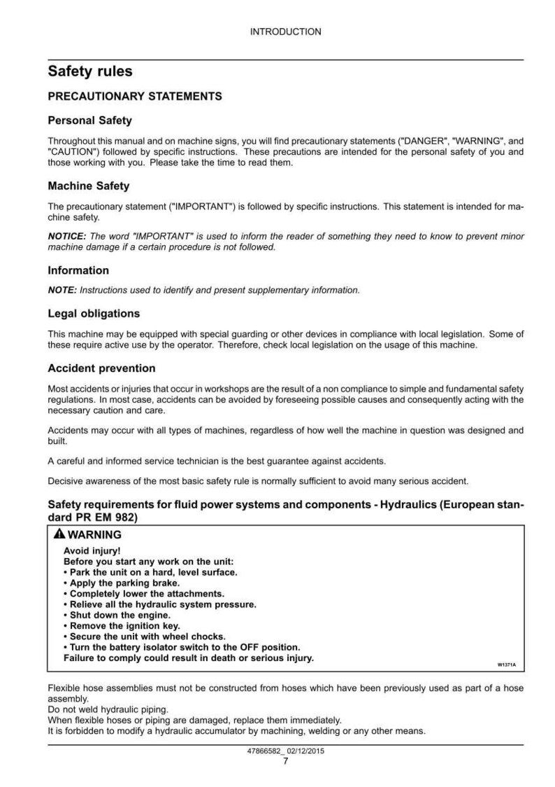 May include: A white document with black text detailing safety rules and precautions. The document includes sections on personal and machine safety, legal obligations, and accident prevention. A warning section highlights safety measures for fluid power systems.