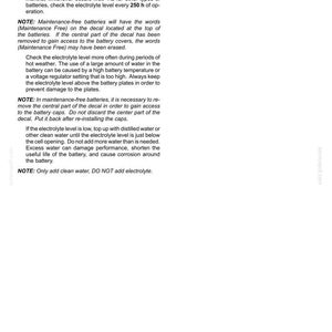 May include: A page from a manual detailing how to check the electrolyte level in a battery. The text includes instructions for maintenance-free batteries and general battery care, with notes on water levels and potential damage.