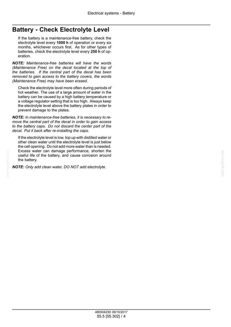 May include: A page from a manual detailing how to check the electrolyte level in a battery. The text includes instructions for maintenance-free batteries and general battery care, with notes on water levels and potential damage.