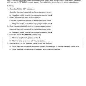 May include: A white document with black text detailing fault codes for electrical systems, specifically the 7429-Inducement (Remaining Urea Level Low) - Early. Includes troubleshooting steps and a note about the REFILL DEF icon.