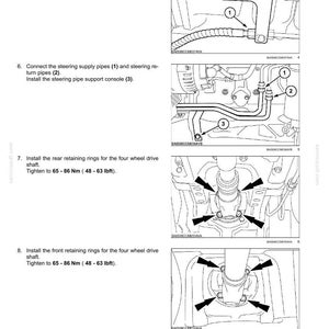 May include: Diagram of a front axle system with instructions for connecting hoses, pipes, and retaining rings. Includes torque specifications in Newton meters and pound-feet. Text includes "Powered front axle".