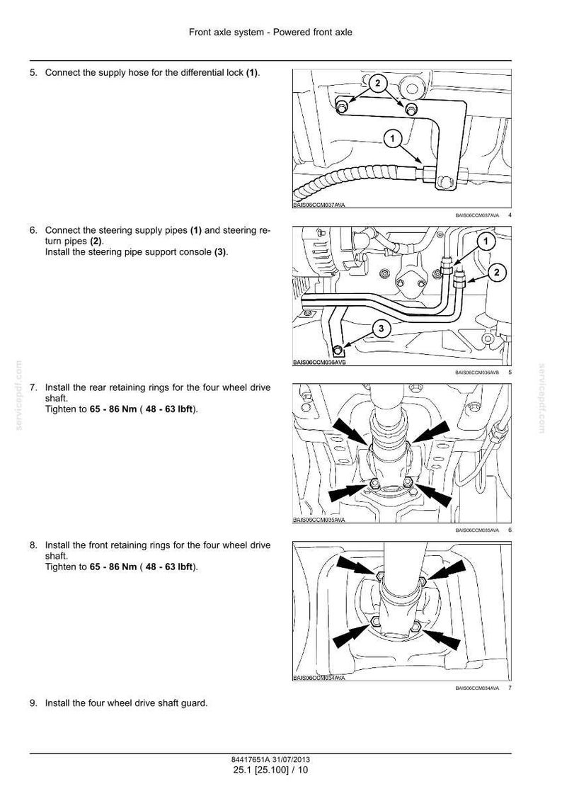 May include: Diagram of a front axle system with instructions for connecting hoses, pipes, and retaining rings. Includes torque specifications in Newton meters and pound-feet. Text includes "Powered front axle".