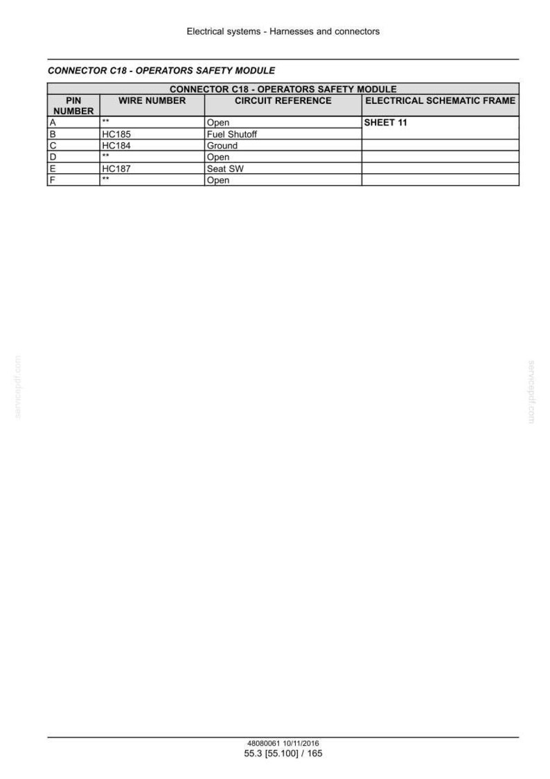 May include: Diagram of electrical systems, specifically a connector labeled C18 - Operators Safety Module. The table lists pin numbers, wire numbers, circuit references, and the electrical schematic frame. The text includes "Fuel Shutoff" and "Seat SW".