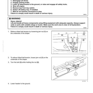 May include: A technical diagram detailing the removal of an infeed draper belt. The image includes numbered steps, diagrams of machine components, and safety warnings. The text includes instructions for loosening nuts and bolts.