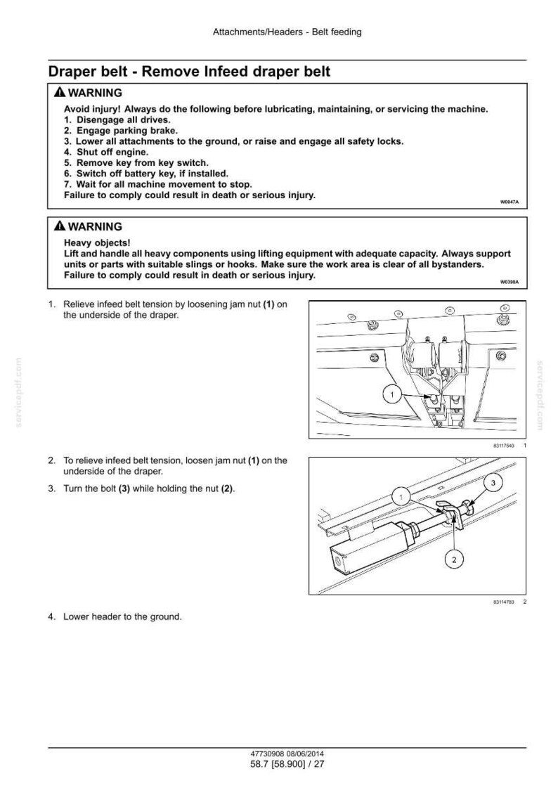 May include: A technical diagram detailing the removal of an infeed draper belt. The image includes numbered steps, diagrams of machine components, and safety warnings. The text includes instructions for loosening nuts and bolts.