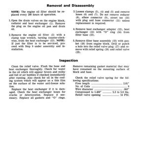 May include: A technical diagram with the title "ENGINE SINGLE OIL FILTER AND HEAT EXCHANGER." The document provides instructions for removal, disassembly, and inspection, including specifications for the relief valve spring. The text is in black font.