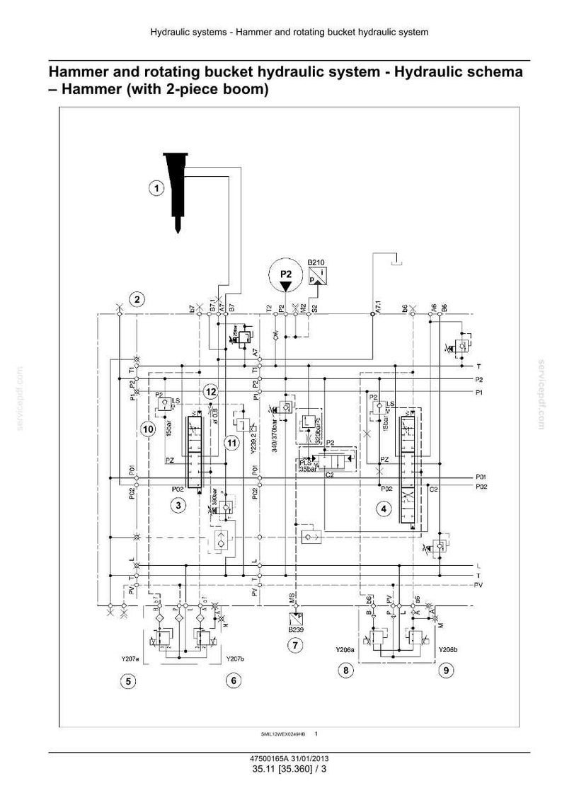 May include: Diagram of a hydraulic system for a hammer and rotating bucket, labeled "Hammer (with 2-piece boom)". The schematic includes various components, lines, and labels, with the text "Hydraulic systems" at the top.