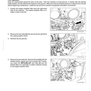 May include: Diagram of engine maintenance instructions. Text reads "Engine breather filter - Replace". Includes numbered steps with illustrations of engine components, bolts, and filters.