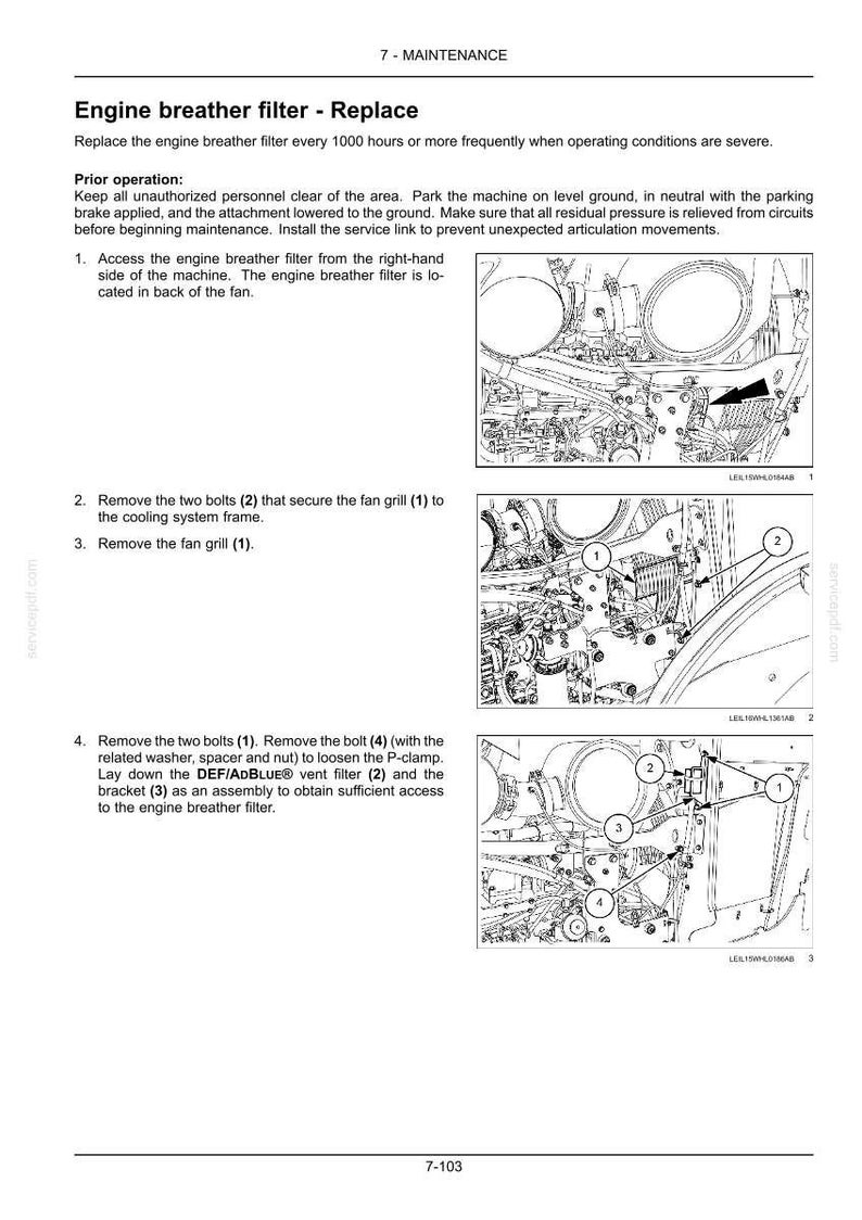 May include: Diagram of engine maintenance instructions. Text reads "Engine breather filter - Replace". Includes numbered steps with illustrations of engine components, bolts, and filters.