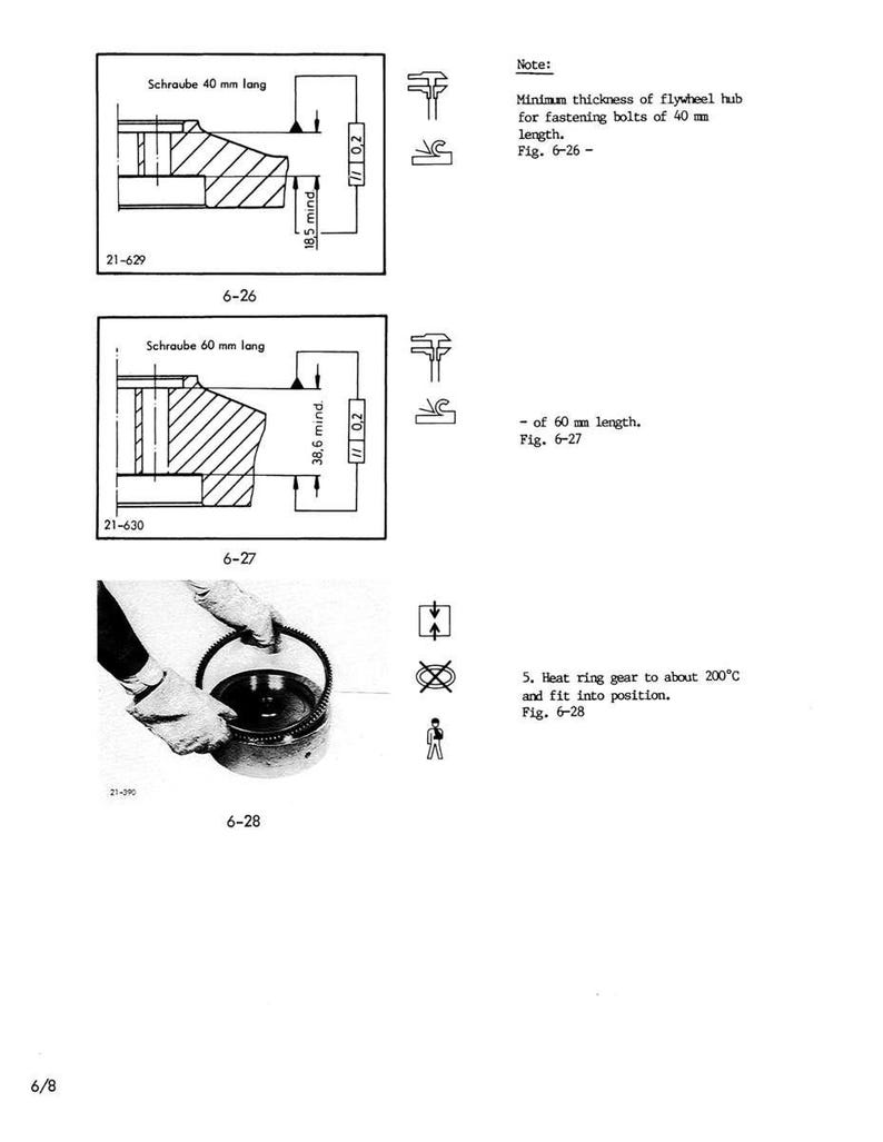 May include: Technical diagram showing cross-sectional views of mechanical parts, with measurements in millimetres. The diagram includes labels such as "Schraube 40 mm lang" and "Schraube 60 mm lang", and notes on flywheel hub thickness.