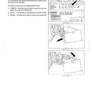 May include: Diagram from a manual showing the working operations of a machine. The image includes illustrations of the AUX control lever and scarifier, with arrows indicating movement. Text explains the lever's functions.