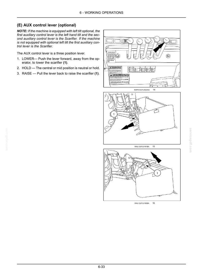 May include: Diagram from a manual showing the working operations of a machine. The image includes illustrations of the AUX control lever and scarifier, with arrows indicating movement. Text explains the lever's functions.