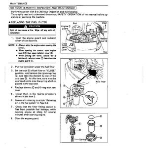 May include: A technical manual page titled 500 HOUR (6-MONTH) INSPECTION AND MAINTENANCE, detailing the fuel filter replacement process. It includes black and white line drawings of engine components, a fuel filter assembly, and numbered instructions.