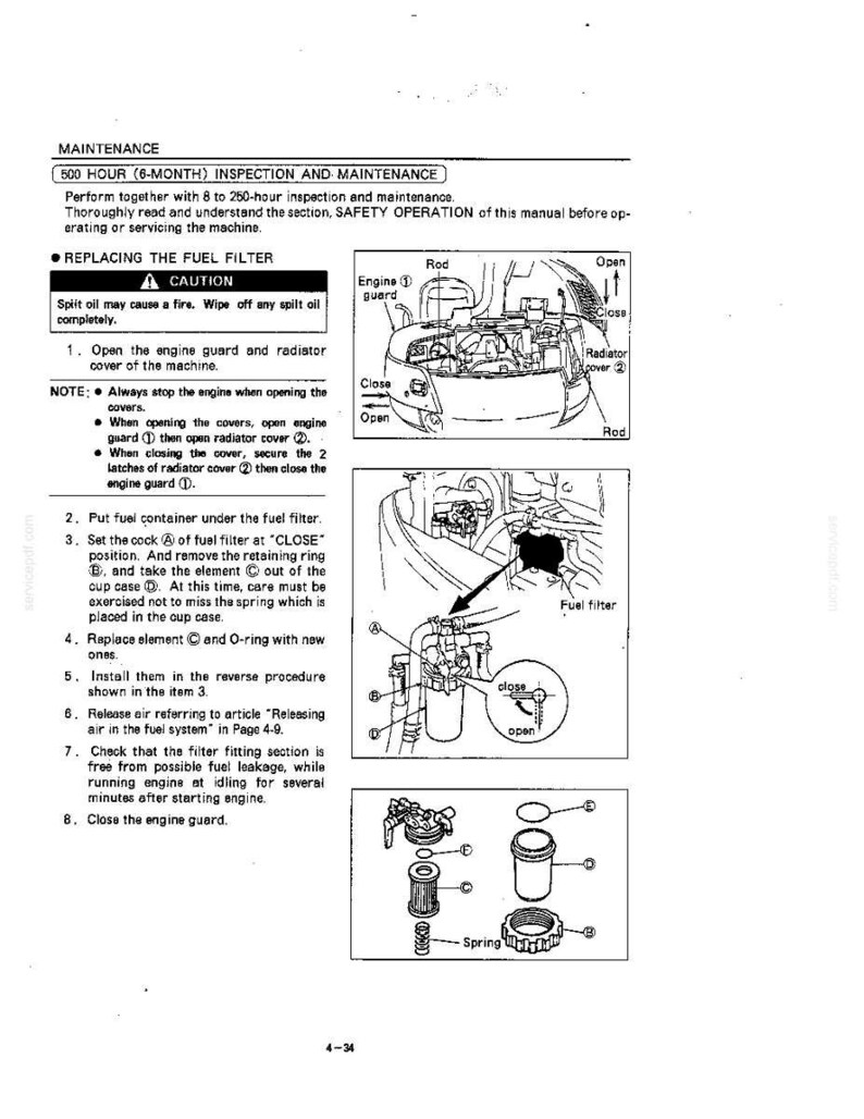 May include: A technical manual page titled 500 HOUR (6-MONTH) INSPECTION AND MAINTENANCE, detailing the fuel filter replacement process. It includes black and white line drawings of engine components, a fuel filter assembly, and numbered instructions.