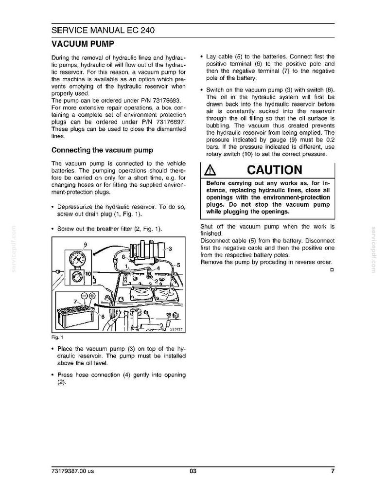 May include: Service manual page for EC 240 vacuum pump. Includes diagrams and instructions for connecting and operating the pump, with safety warnings. Features a diagram with numbered parts and a caution section.