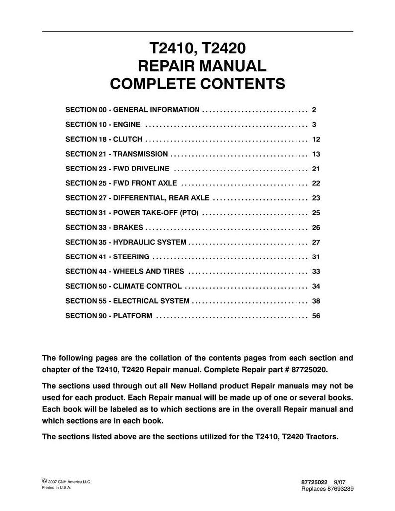 New Holland T2410, T2420 Tractor Service Repair Workshop Manual | Instant PDF Download image 3