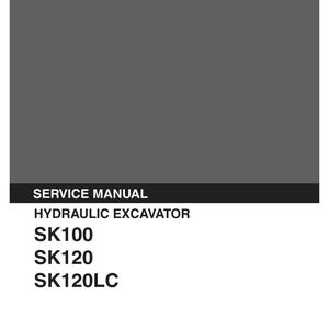 K&ouml;nnte beinhalten: Ein graues Kobelco-Wartungshandbuch f&uuml;r einen Hydraulikbagger. Das Cover zeigt den Text: KOBELCO, SERVICE MANUAL, HYDRAULIC EXCAVATOR, SK100, SK120, SK120LC, Applicable: SK100 YWU1001-, SK120 LPU1001-, SK120LC YPU1001-, S5YPU0005E-00, 01/95.