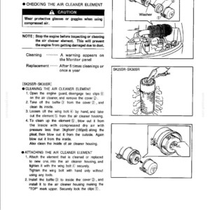 Peut inclure: Une page de manuel technique intitul&eacute;e MAINTENANCE, d&eacute;taillant la proc&eacute;dure de v&eacute;rification et de remplacement de l'&eacute;l&eacute;ment de filtre &agrave; air pour les mod&egrave;les SK25SR et SK30SR. Elle comprend des instructions num&eacute;rot&eacute;es, des mises en garde de s&eacute;curit&eacute; et des sch&eacute;mas montrant le bo&icirc;tier du filtre &agrave; air, la rondelle, le d&eacute;flecteur, le boulon &agrave; ailettes et les composants de l'&eacute;l&eacute;ment.