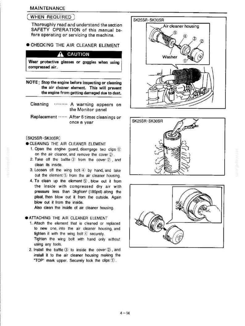 Peut inclure: Une page de manuel technique intitul&eacute;e MAINTENANCE, d&eacute;taillant la proc&eacute;dure de v&eacute;rification et de remplacement de l'&eacute;l&eacute;ment de filtre &agrave; air pour les mod&egrave;les SK25SR et SK30SR. Elle comprend des instructions num&eacute;rot&eacute;es, des mises en garde de s&eacute;curit&eacute; et des sch&eacute;mas montrant le bo&icirc;tier du filtre &agrave; air, la rondelle, le d&eacute;flecteur, le boulon &agrave; ailettes et les composants de l'&eacute;l&eacute;ment.