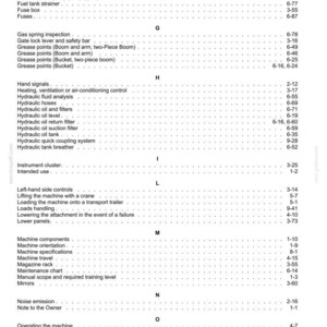 May include: A page from a manual with a table of contents. The text is black on a white background, listing machine components, hydraulic systems, and operating instructions with page numbers.