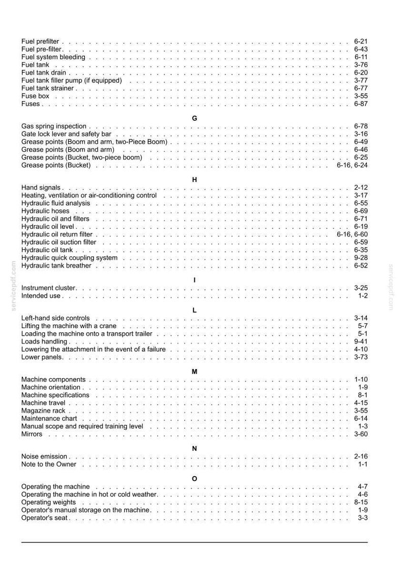 May include: A page from a manual with a table of contents. The text is black on a white background, listing machine components, hydraulic systems, and operating instructions with page numbers.