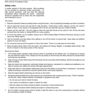May include: A page from an operator's manual with safety instructions for a tractor. The text covers topics like safety rules, tractor operation, and servicing procedures. Includes warnings about hydraulic fluid and engine oil.