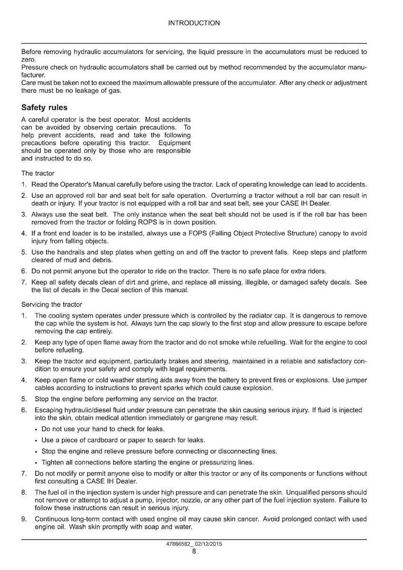 May include: A page from an operator's manual with safety instructions for a tractor. The text covers topics like safety rules, tractor operation, and servicing procedures. Includes warnings about hydraulic fluid and engine oil.