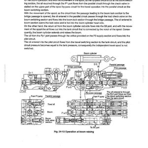 May include: Diagram of a hydraulic system's boom raise operation, with labels for components like the boom cylinder, parallel passage, and various ports. The text describes the oil flow and circuit functions.