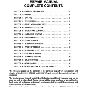 Pode incluir: Uma p&aacute;gina de documento branca intitulada CR9040, CR9060, CR9070 REPAIR MANUAL COMPLETE CONTENTS. Lista se&ccedil;&otilde;es de 00 a 90 com n&uacute;meros de p&aacute;gina, seguidas de texto explicativo sobre o n&uacute;mero da pe&ccedil;a 87682452 e 87682467 do manual.