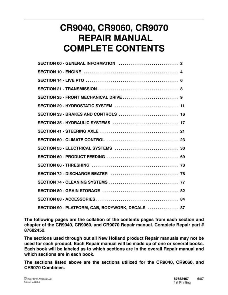 Pode incluir: Uma p&aacute;gina de documento branca intitulada CR9040, CR9060, CR9070 REPAIR MANUAL COMPLETE CONTENTS. Lista se&ccedil;&otilde;es de 00 a 90 com n&uacute;meros de p&aacute;gina, seguidas de texto explicativo sobre o n&uacute;mero da pe&ccedil;a 87682452 e 87682467 do manual.