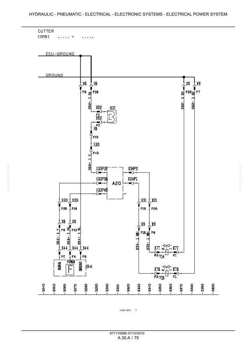 May include: Schematic diagram of an electrical system, featuring lines, boxes, and labels. The diagram includes text such as "HYDRAULIC - PNEUMATIC - ELECTRICAL - ELECTRONIC SYSTEMS" and various component identifiers like "X6", "X30", and "B12".