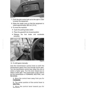 May include: Image from an operating manual showing controls and instructions for heavy machinery. Includes text about operating the equipment, including raising the loader arms approximately 15 inches and shifting gears manually.